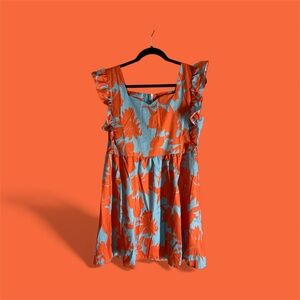 Floral Ruffle Dress in Orange and Blue